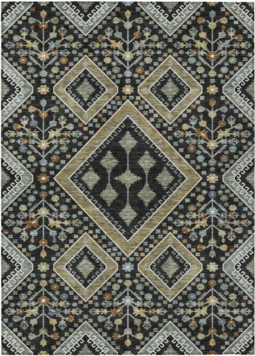 Black And Fern Green Medallion Washable Indoor Outdoor Area Rug Photo 1