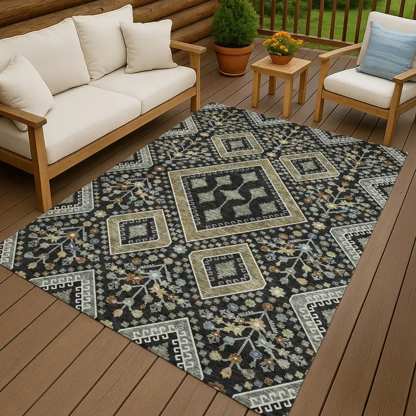 Black And Fern Green Medallion Washable Indoor Outdoor Area Rug Photo 4