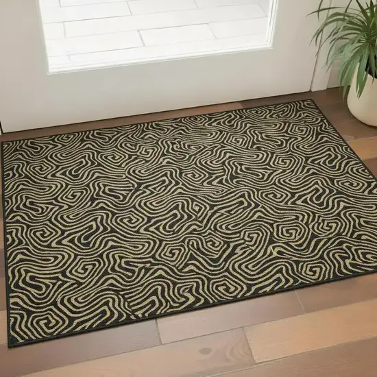 Black And Gold Abstract Washable Area Rug With UV Protection Photo 2