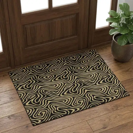 Black And Gold Abstract Washable Area Rug With UV Protection Photo 1