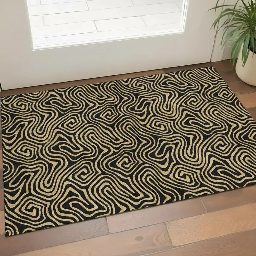 Black And Gold Abstract Washable Area Rug With UV Protection Photo 1