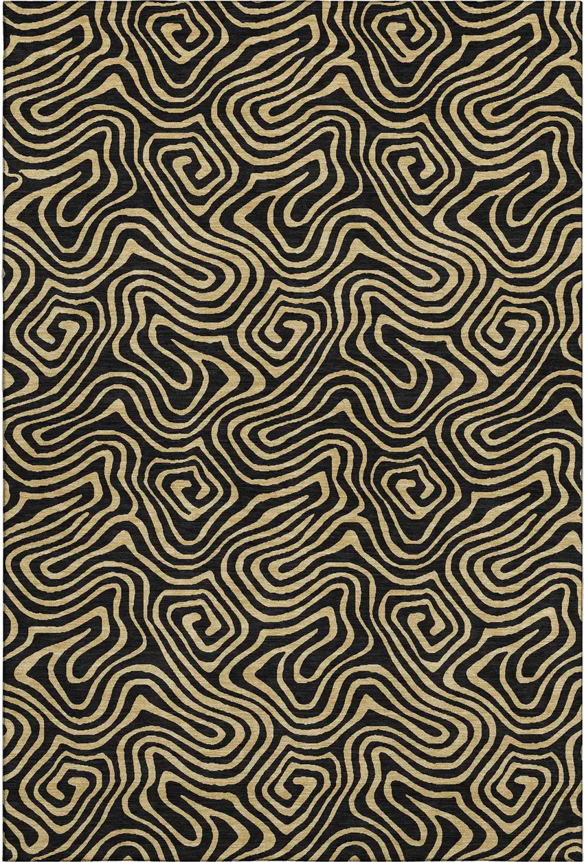 Black And Gold Abstract Washable Area Rug With UV Protection Photo 1