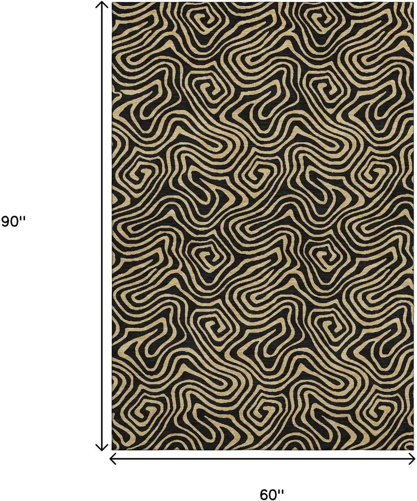 Black And Gold Abstract Washable Area Rug With UV Protection Photo 8