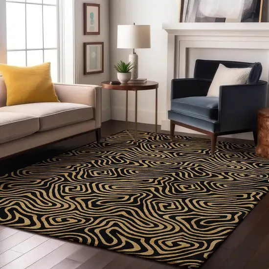Black And Gold Abstract Washable Area Rug With UV Protection Photo 4