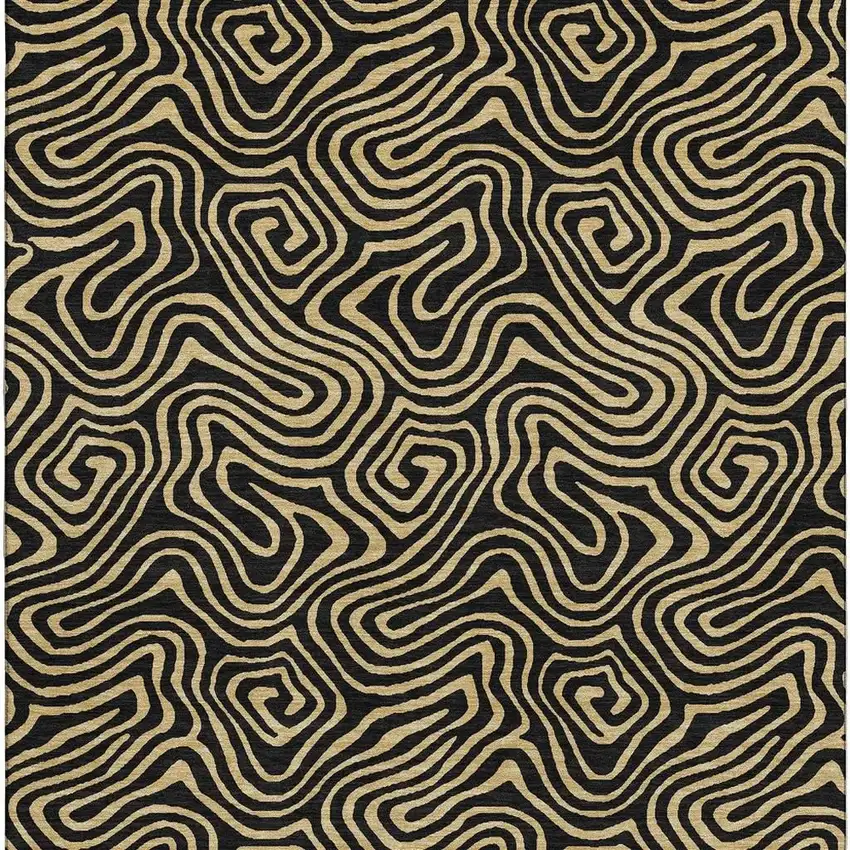 Black And Gold Abstract Washable Area Rug With UV Protection Photo 3