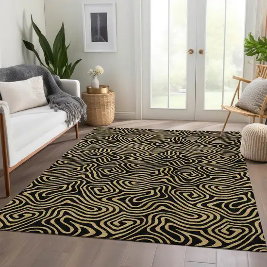Black And Gold Abstract Washable Area Rug With UV Protection Photo 5