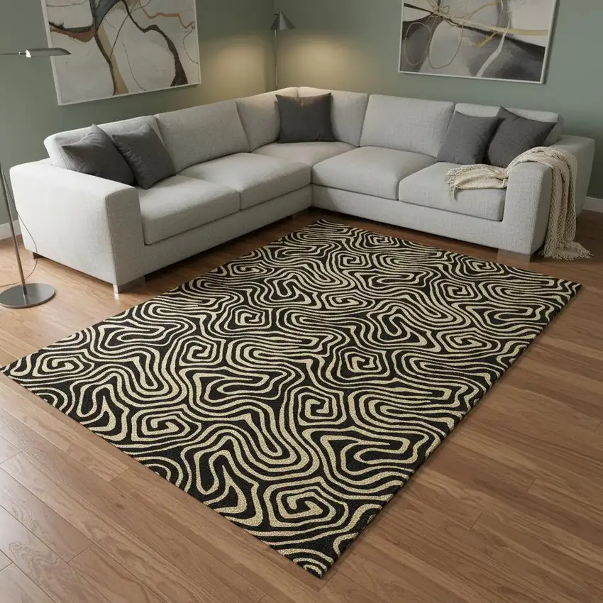 Black And Gold Abstract Washable Area Rug With UV Protection Photo 2