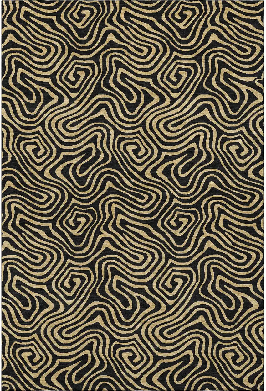 Black And Gold Abstract Washable Area Rug With UV Protection Photo 3