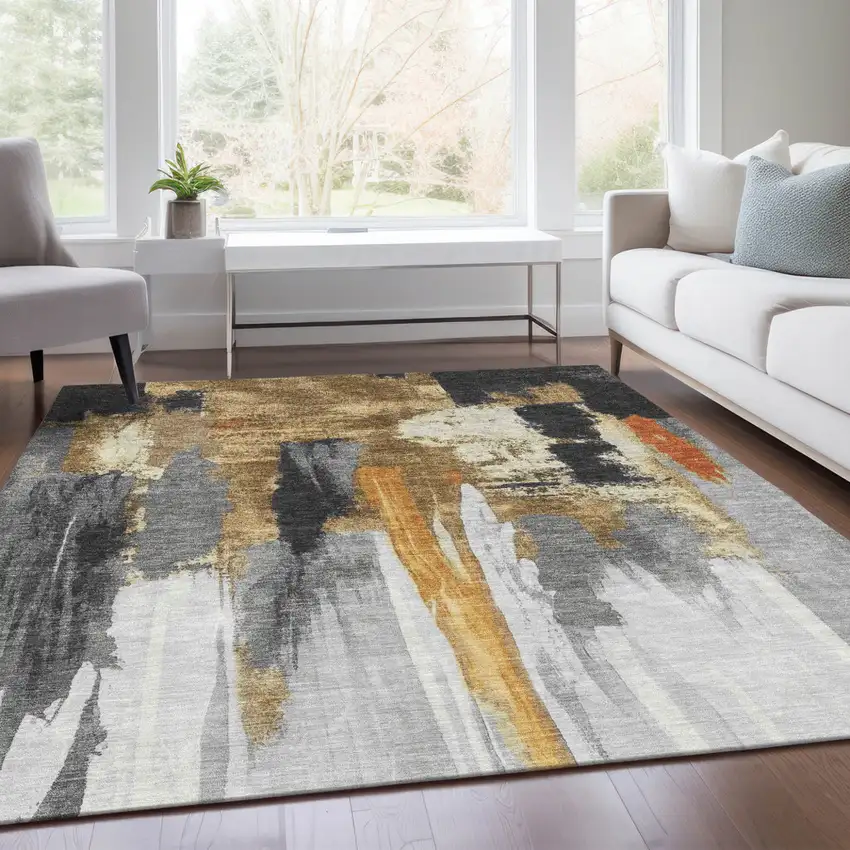 Black And Gold Abstract Washable Indoor Outdoor Area Rug Photo 5