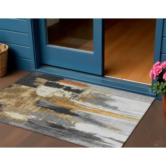 Black And Gold Abstract Washable Indoor Outdoor Area Rug Photo 2