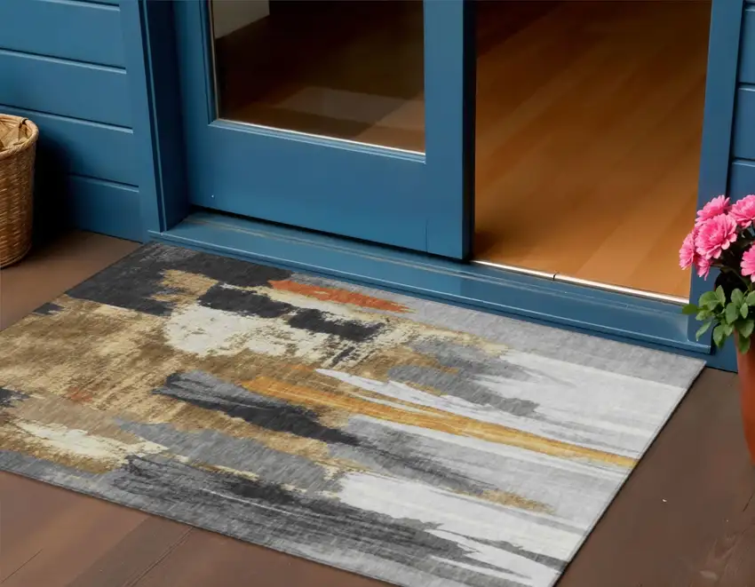 Black And Gold Abstract Washable Indoor Outdoor Area Rug Photo 2