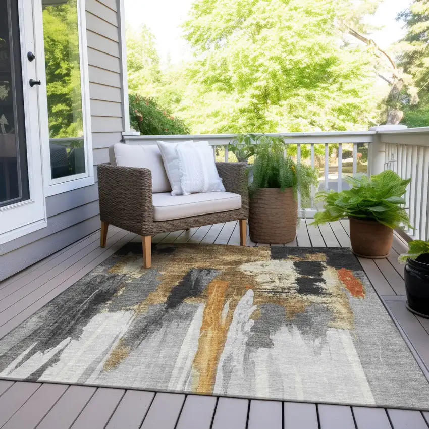 Black And Gold Abstract Washable Indoor Outdoor Area Rug Photo 6
