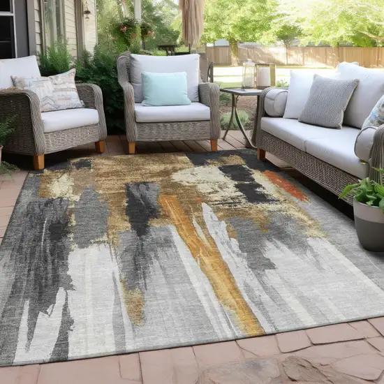 Black And Gold Abstract Washable Indoor Outdoor Area Rug Photo 3