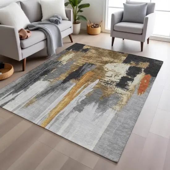 Black And Gold Abstract Washable Indoor Outdoor Area Rug Photo 4