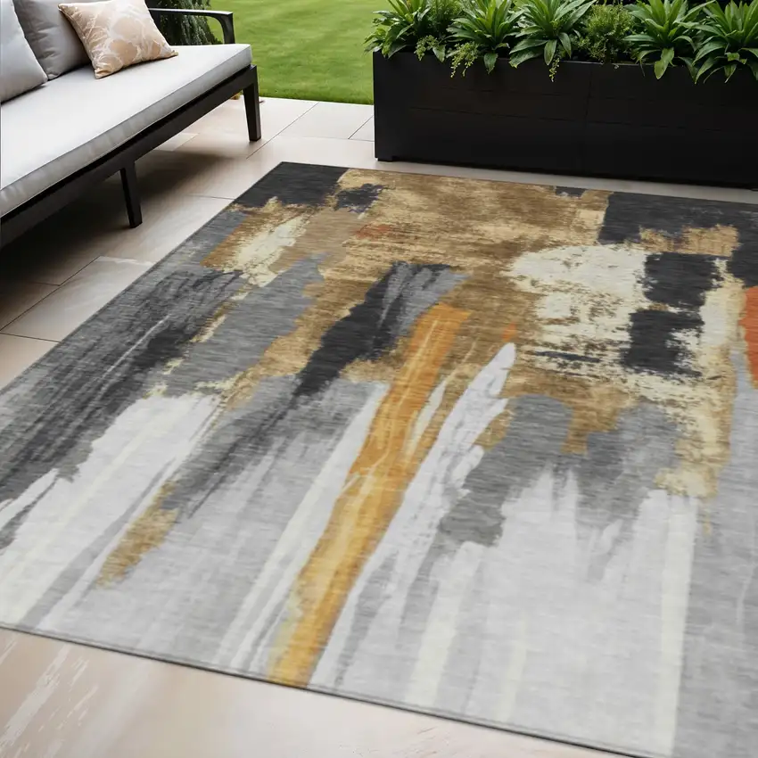 Black And Gold Abstract Washable Indoor Outdoor Area Rug Photo 2