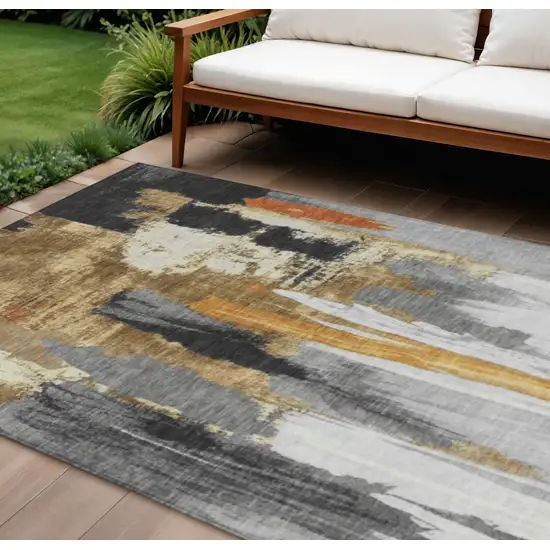 Black And Gold Abstract Washable Indoor Outdoor Area Rug Photo 2