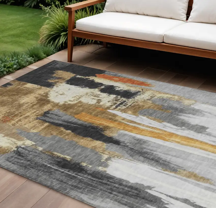 Black And Gold Abstract Washable Indoor Outdoor Area Rug Photo 2
