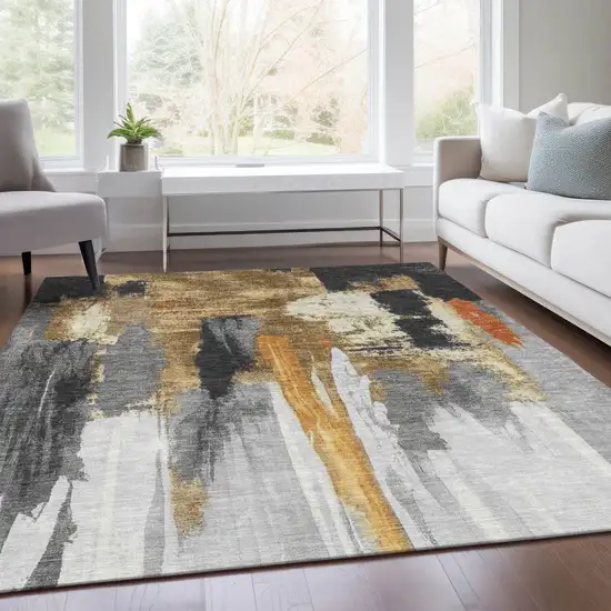 Black And Gold Abstract Washable Indoor Outdoor Area Rug Photo 6