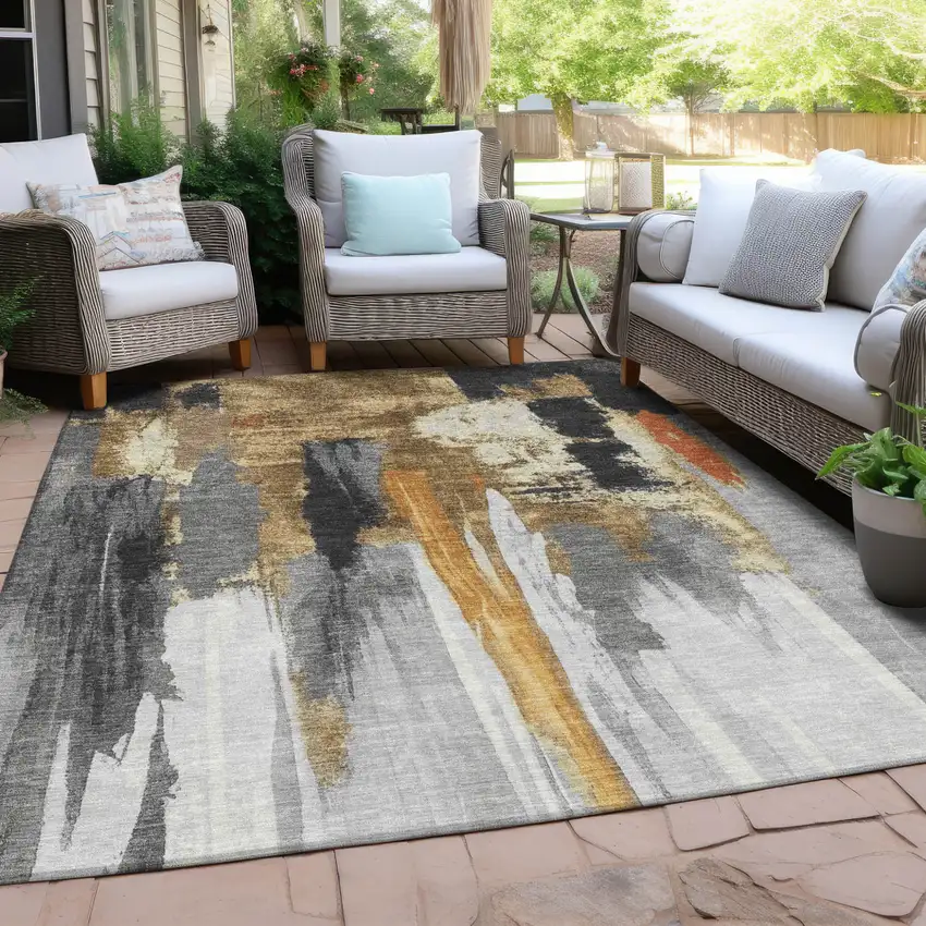 Black And Gold Abstract Washable Indoor Outdoor Area Rug Photo 4