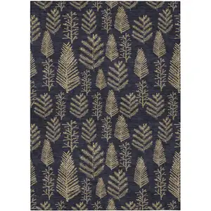 Photo of Black And Gold Botanical Leaves Washable Indoor Outdoor Area Rug