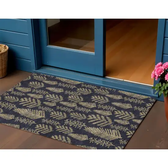 Black And Gold Botanical Leaves Washable Indoor Outdoor Area Rug Photo 2