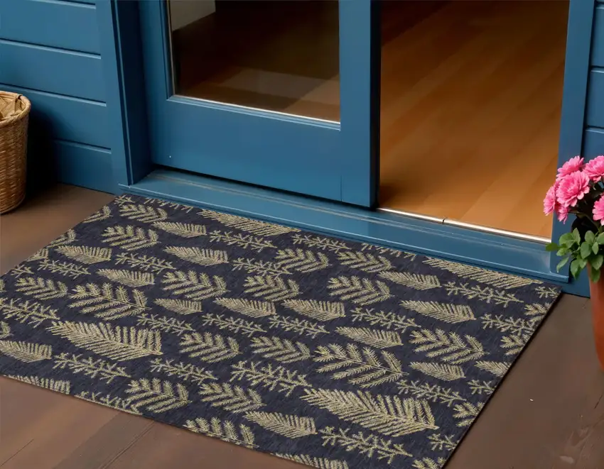 Black And Gold Botanical Leaves Washable Indoor Outdoor Area Rug Photo 2