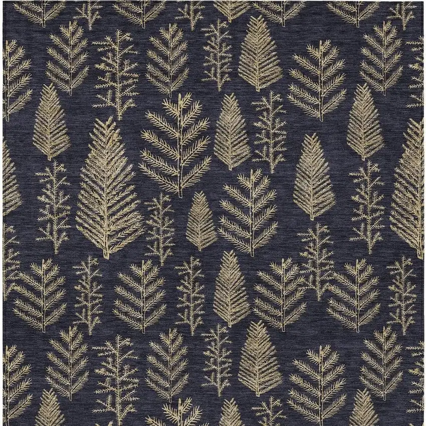 Black And Gold Botanical Leaves Washable Indoor Outdoor Area Rug Photo 3