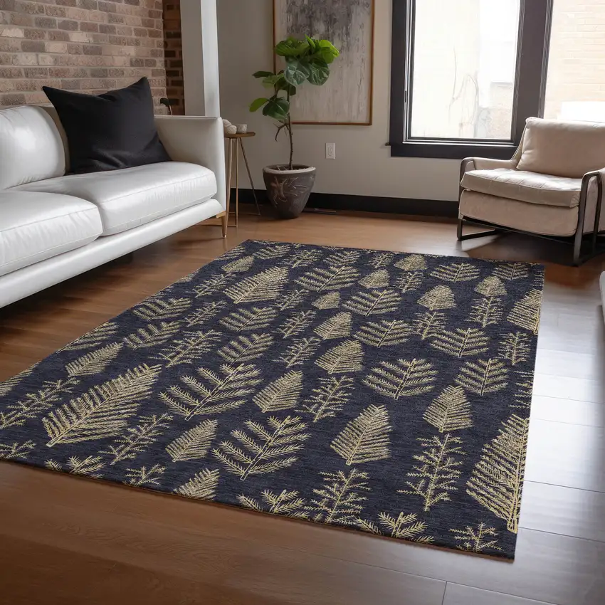 Black And Gold Botanical Leaves Washable Indoor Outdoor Area Rug Photo 6