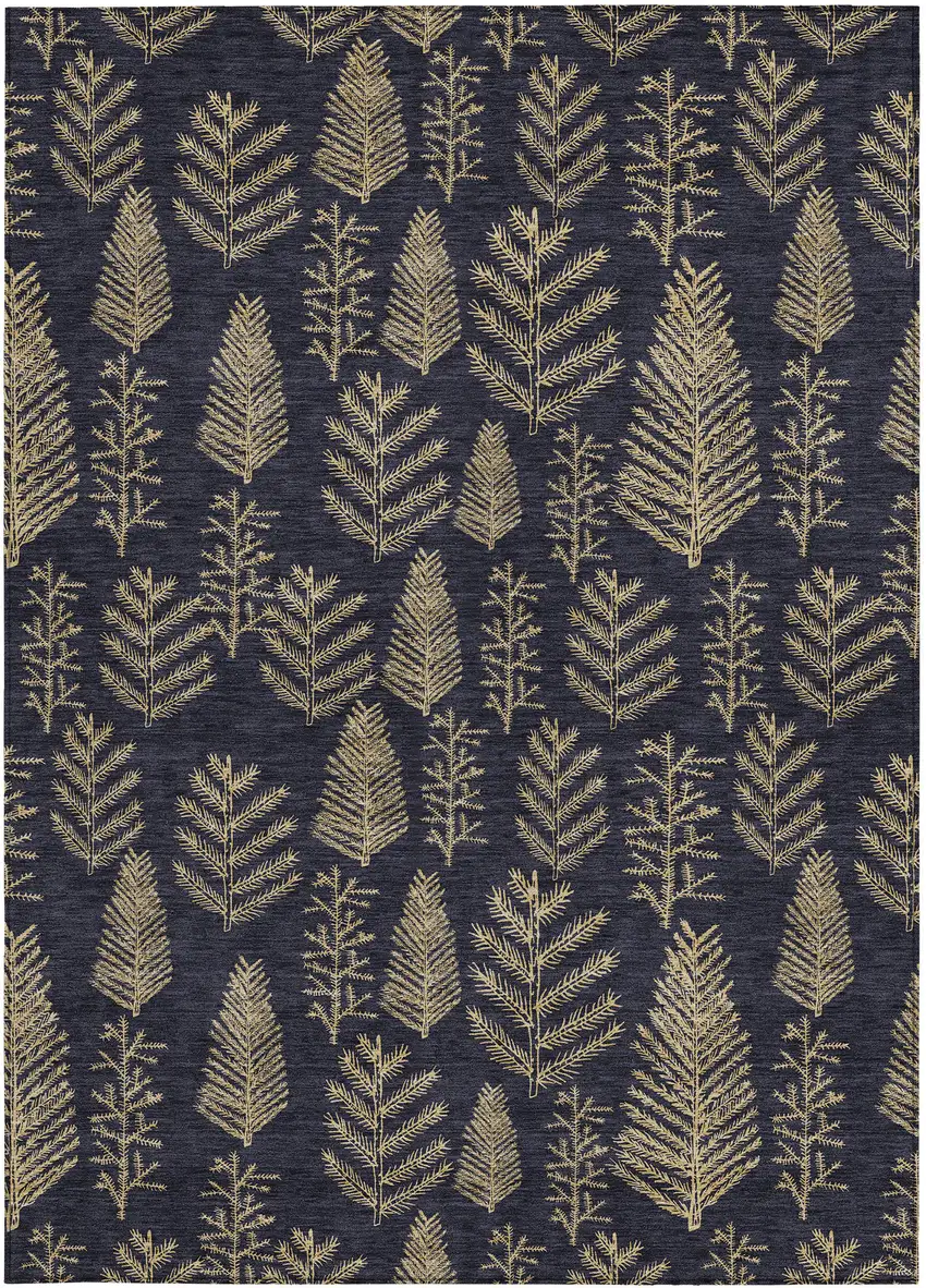 Black And Gold Botanical Leaves Washable Indoor Outdoor Area Rug Photo 4