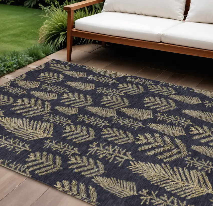 Black And Gold Botanical Leaves Washable Indoor Outdoor Area Rug Photo 2