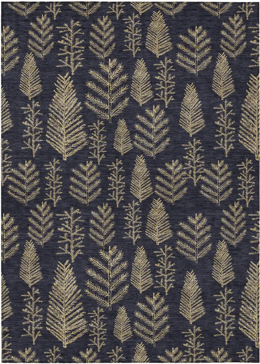 Black And Gold Botanical Leaves Washable Indoor Outdoor Area Rug Photo 1