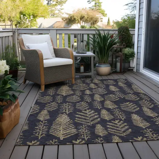 Black And Gold Botanical Leaves Washable Indoor Outdoor Area Rug Photo 8