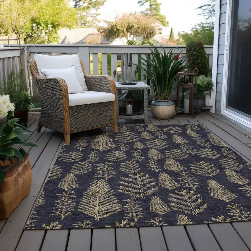 Black And Gold Botanical Leaves Washable Indoor Outdoor Area Rug Photo 8