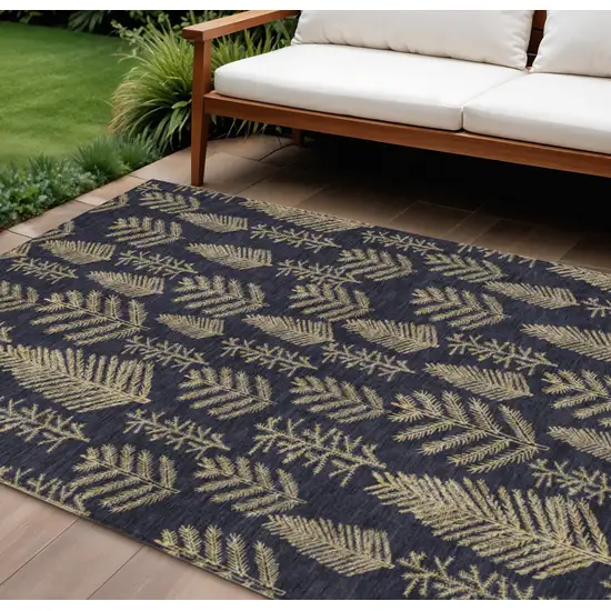 Black And Gold Botanical Leaves Washable Indoor Outdoor Area Rug Photo 2