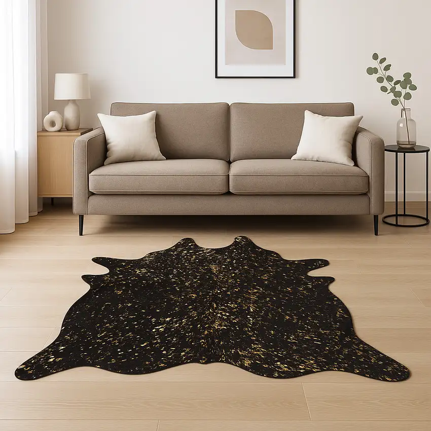 Black And Gold Cowhide Cowhide Print Area Rug Photo 1