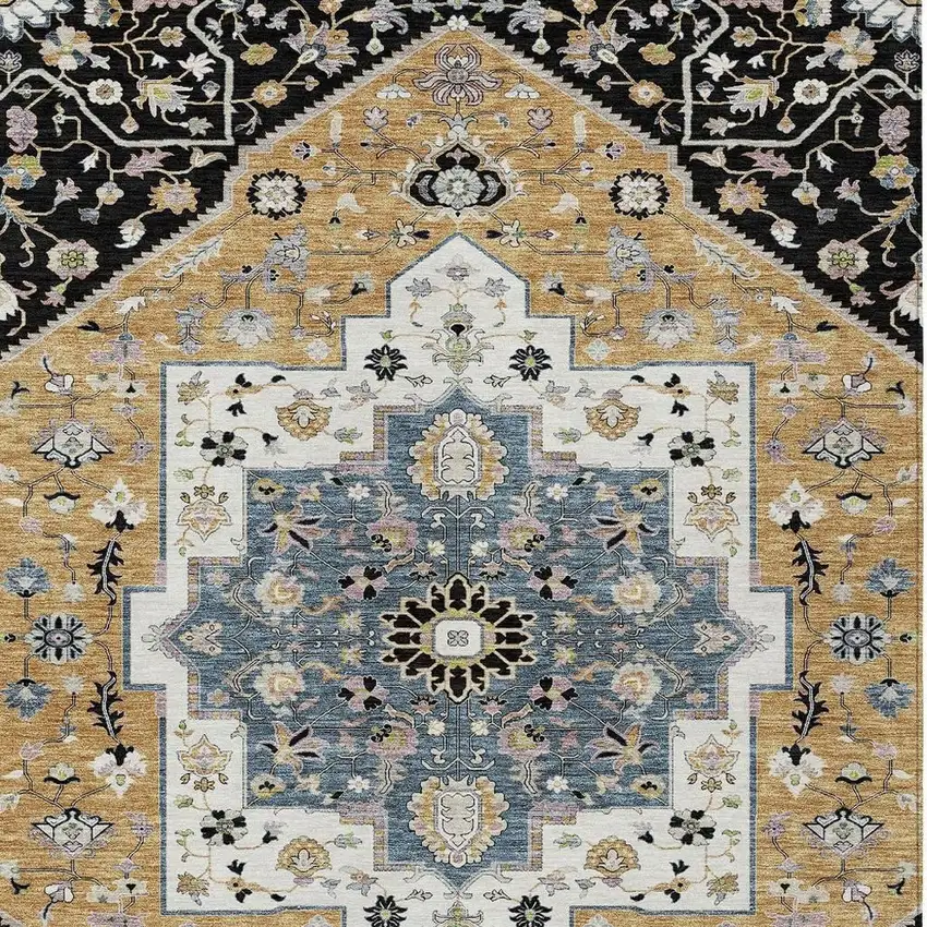 Black And Gold Floral Medallion Washable Indoor Outdoor Area Rug Photo 4