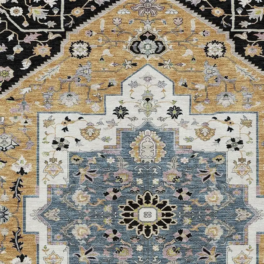 Black And Gold Floral Medallion Washable Indoor Outdoor Area Rug Photo 3