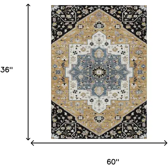Black And Gold Floral Medallion Washable Indoor Outdoor Area Rug Photo 7