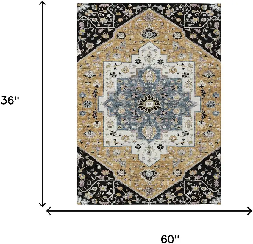 Black And Gold Floral Medallion Washable Indoor Outdoor Area Rug Photo 7