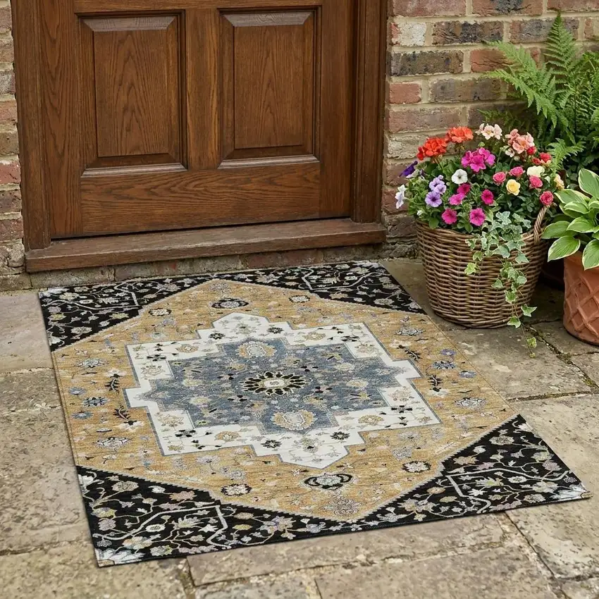 Black And Gold Floral Medallion Washable Indoor Outdoor Area Rug Photo 1