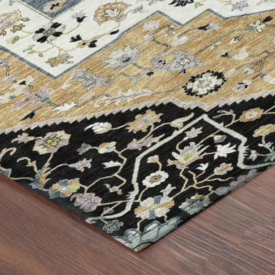 Black And Gold Floral Medallion Washable Indoor Outdoor Area Rug Photo 5