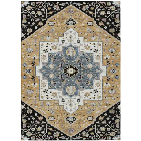 Black And Gold Floral Medallion Washable Indoor Outdoor Area Rug Photo 2