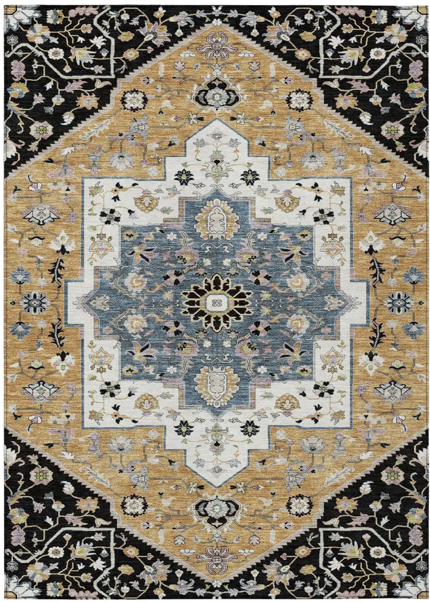 Black And Gold Floral Medallion Washable Indoor Outdoor Area Rug Photo 2