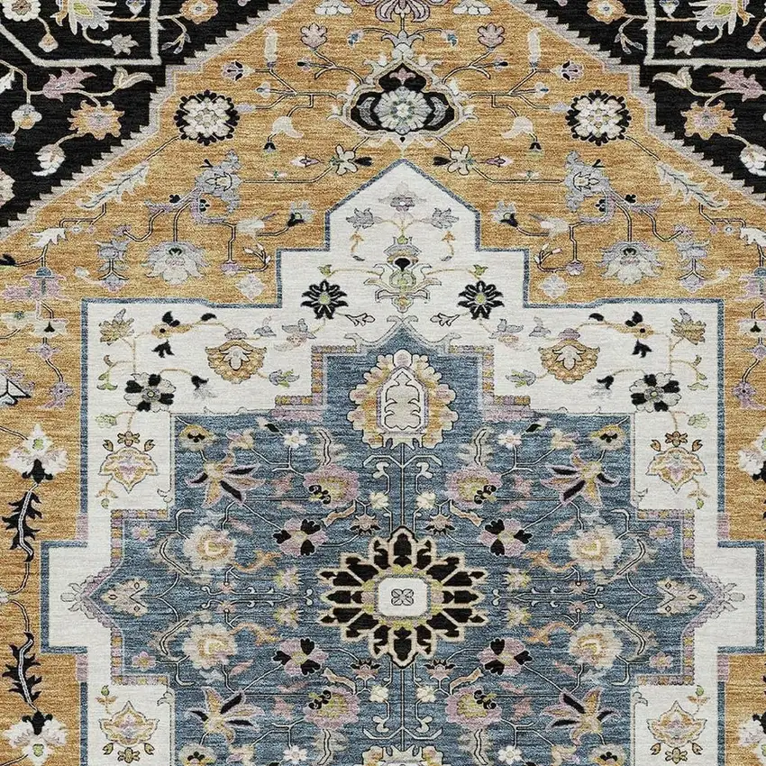 Black And Gold Floral Medallion Washable Indoor Outdoor Area Rug Photo 3