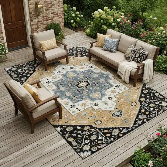 Black And Gold Floral Medallion Washable Indoor Outdoor Area Rug Photo 1