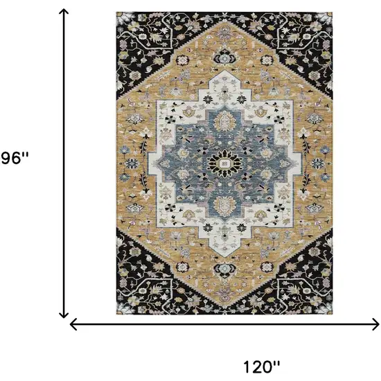 Black And Gold Floral Medallion Washable Indoor Outdoor Area Rug Photo 7