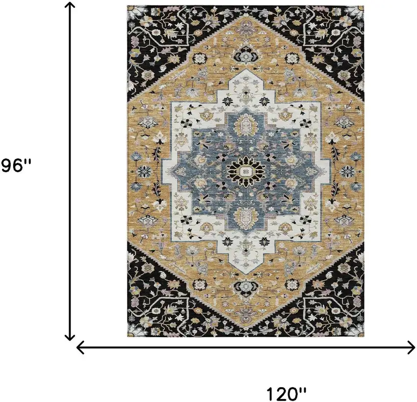 Black And Gold Floral Medallion Washable Indoor Outdoor Area Rug Photo 7