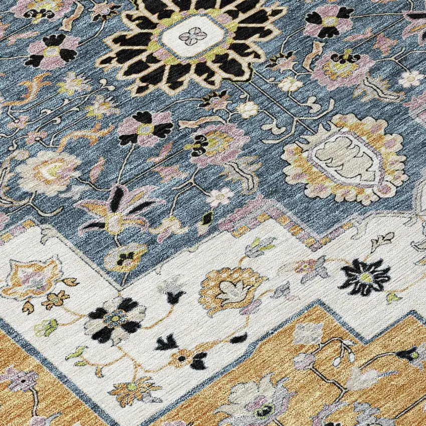 Black And Gold Floral Medallion Washable Indoor Outdoor Area Rug Photo 6