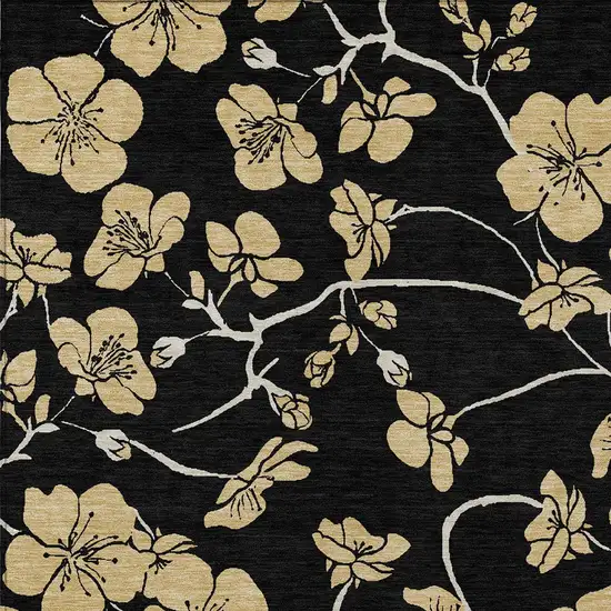 Black And Gold Floral Washable Indoor Outdoor Area Rug Photo 5