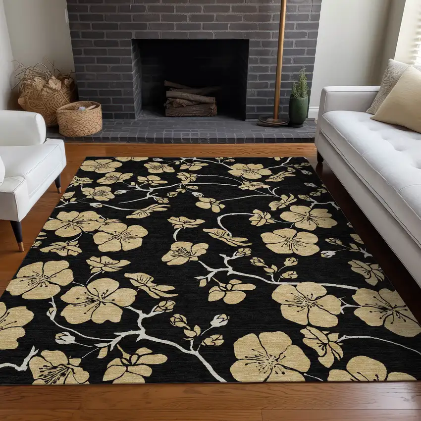 Black And Gold Floral Washable Indoor Outdoor Area Rug Photo 9